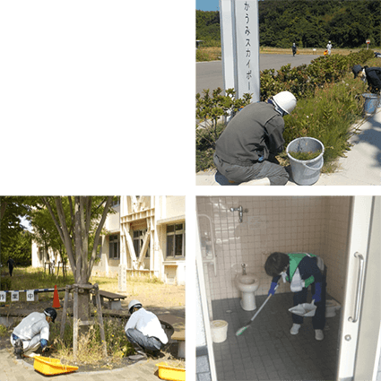なかうみスカイポート駐車場横の看板周辺で草むしりをしている場面、島根大学教養2号館付近の木の下で草むしりをしている場面、ある施設の障がい者用トイレを掃き掃除している場面